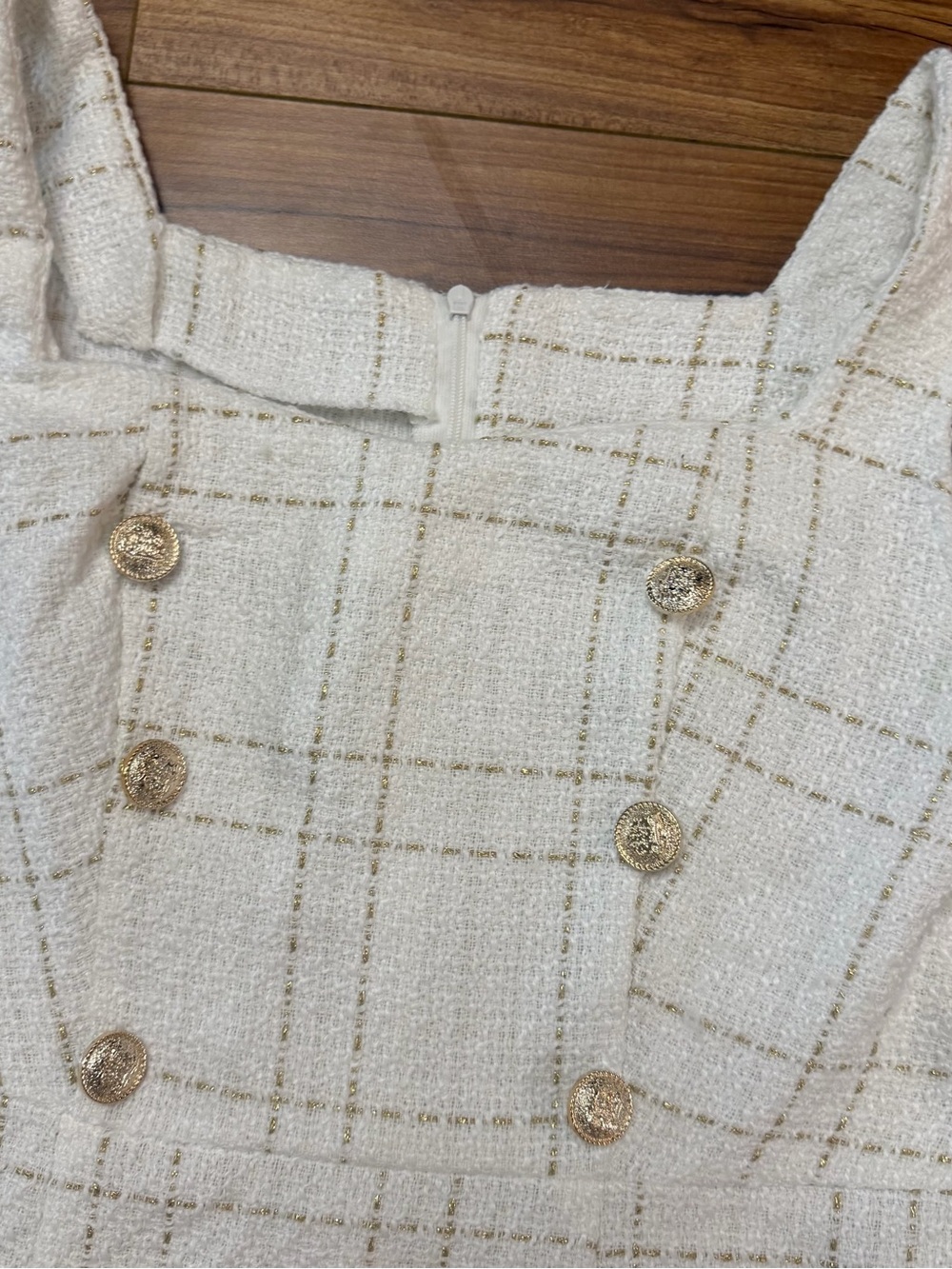 SHEIN Cream Tweed Mini Dress with Gold Thread Detail - Picture 3 of 6